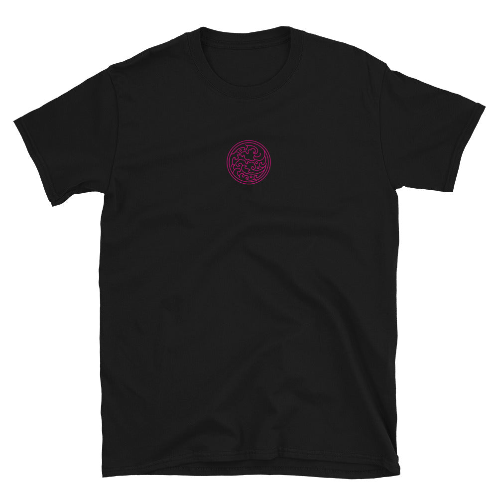 Black short-sleeve T-shirt, front small pink swirl logo near chest