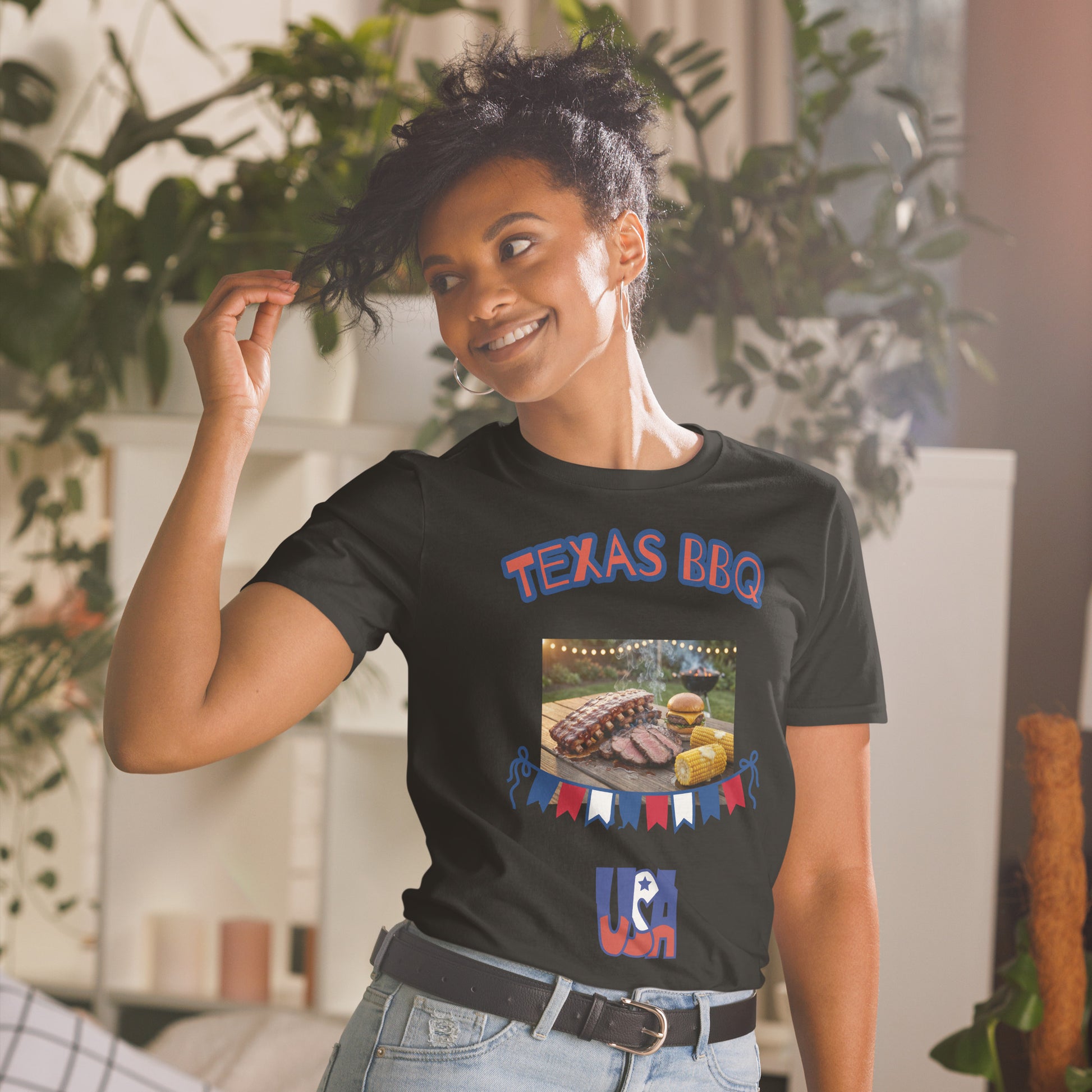 Unisex T-shirt (Black) with “Texas BBQ” graphic on chest
