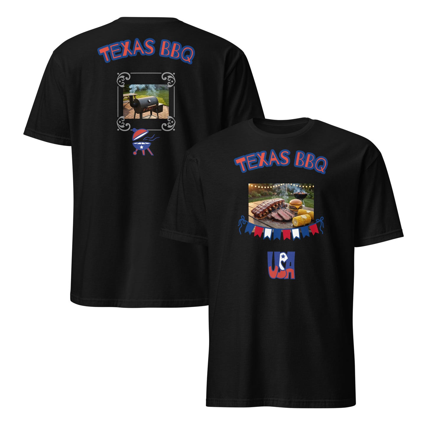 Unisex T-shirt set (Black): front and back “Texas BBQ” barbecue print