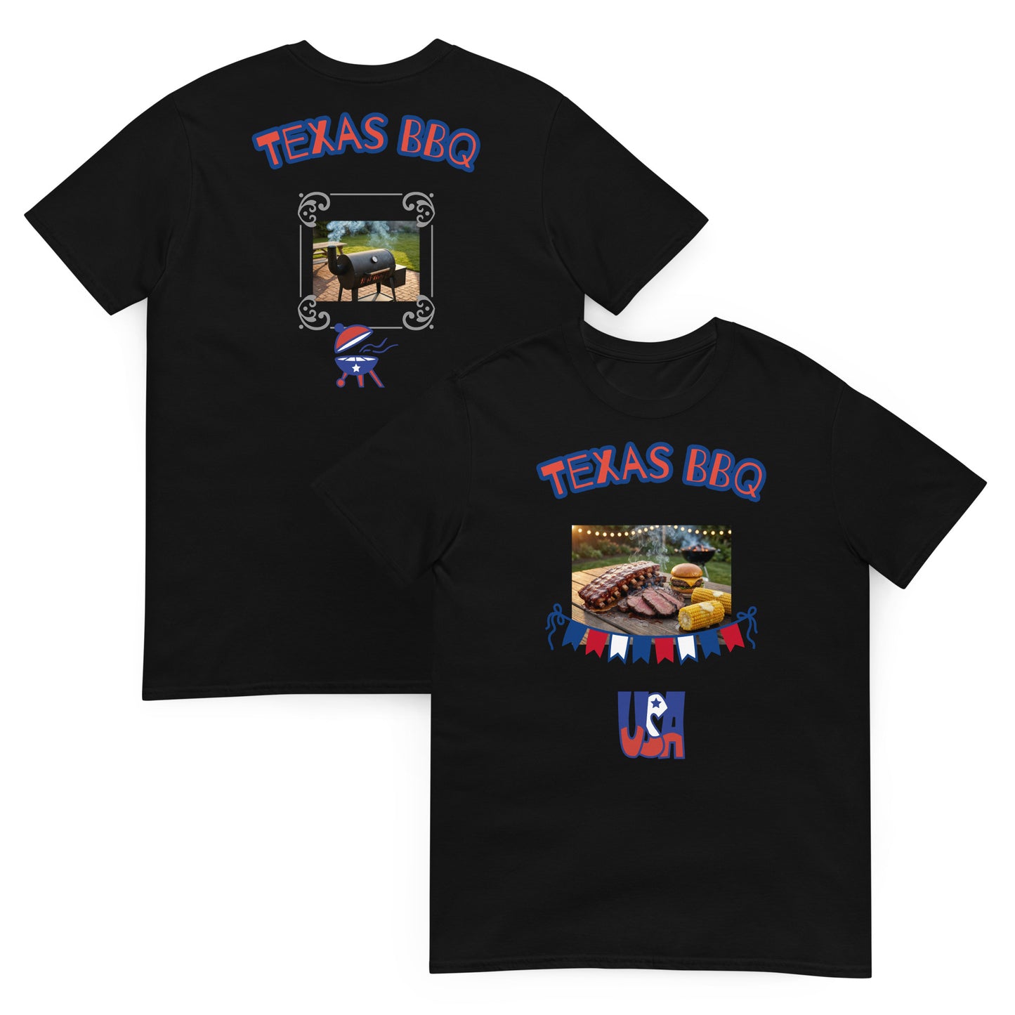Black unisex T-shirt with back “Texas BBQ” and front BBQ food graphic
