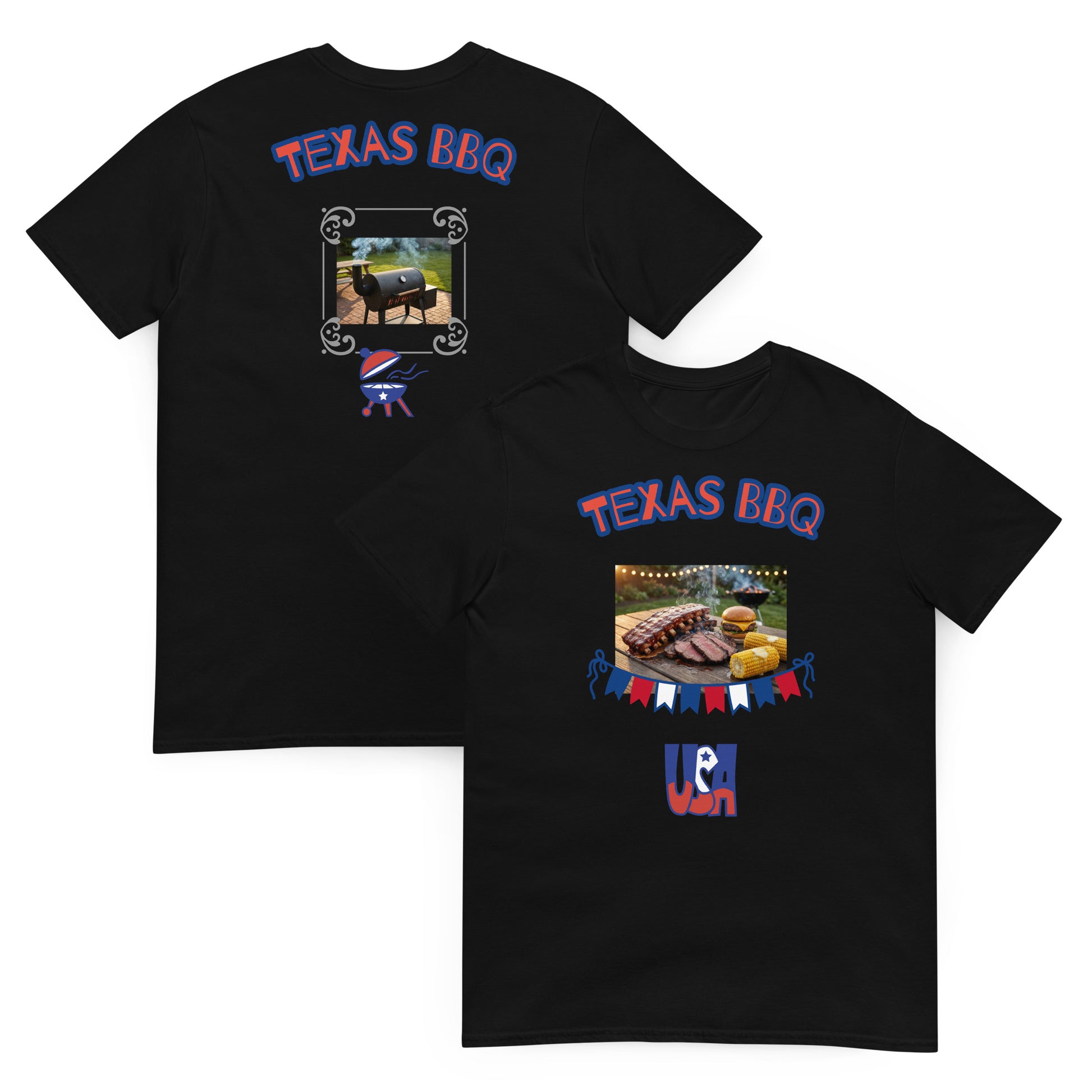 Black unisex T-shirt with back “Texas BBQ” and front BBQ food graphic