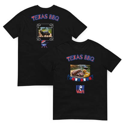 Black unisex T-shirt with back “Texas BBQ” and front BBQ food graphic