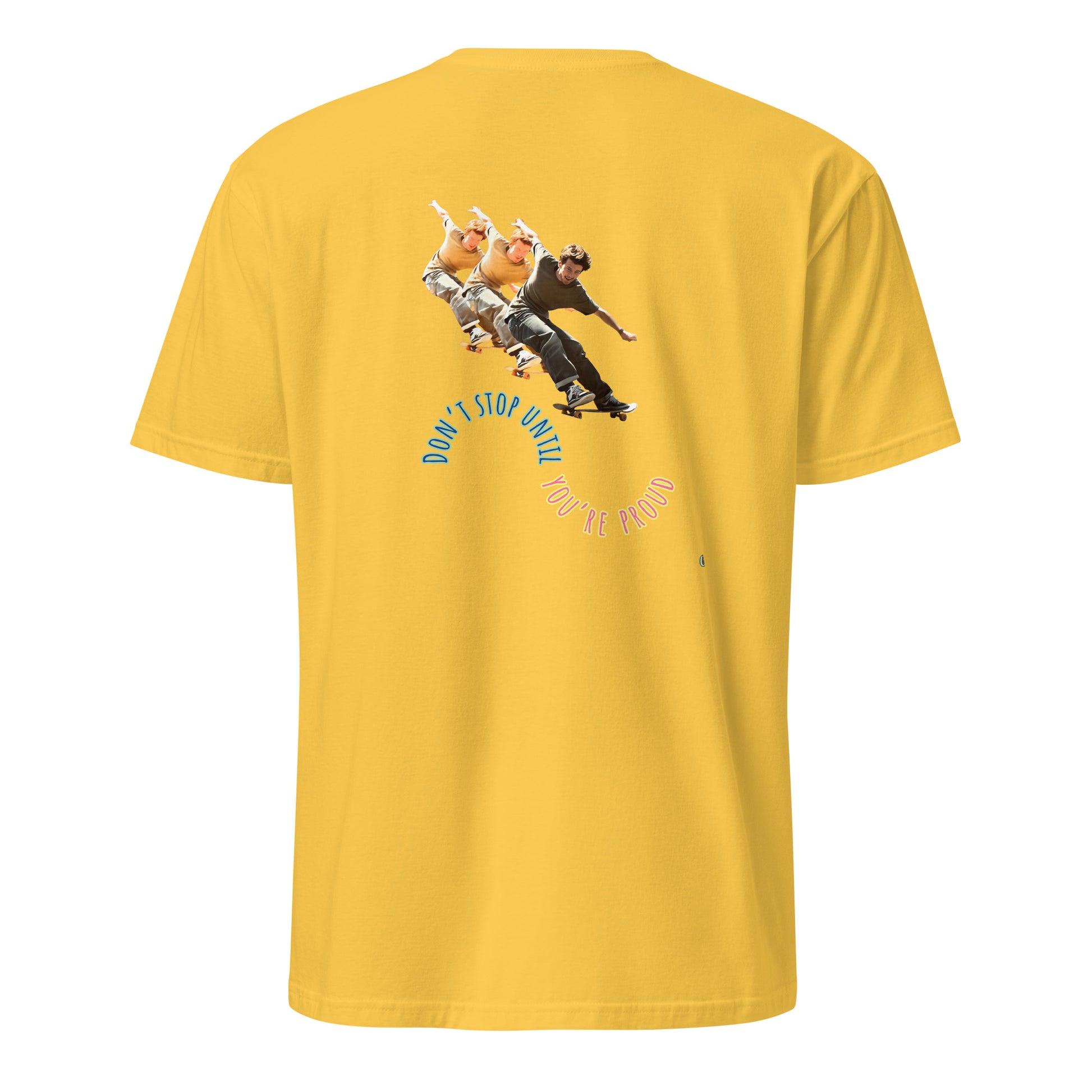 Daisy yellow short-sleeve T-shirt, back graphic with skateboard boys and “YOU’RE PROUD”