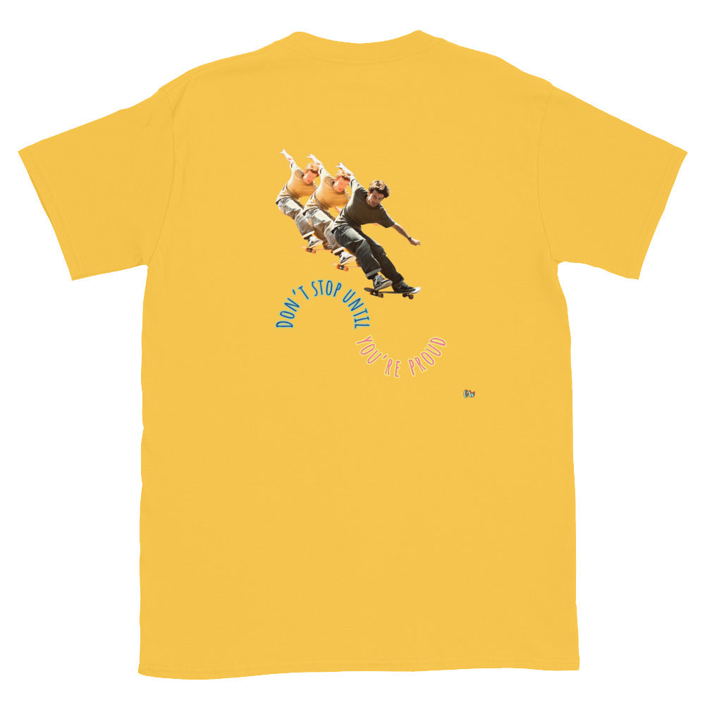 Daisy yellow short-sleeve T-shirt, back skateboard boy graphic with circular slogan.