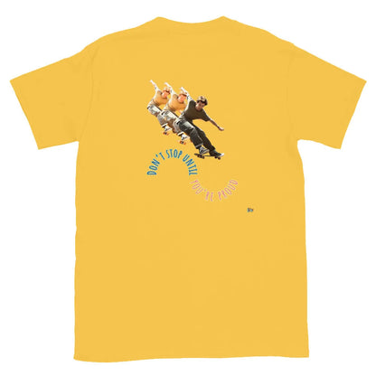 Daisy yellow short-sleeve T-shirt, back skateboard boy graphic with circular slogan.