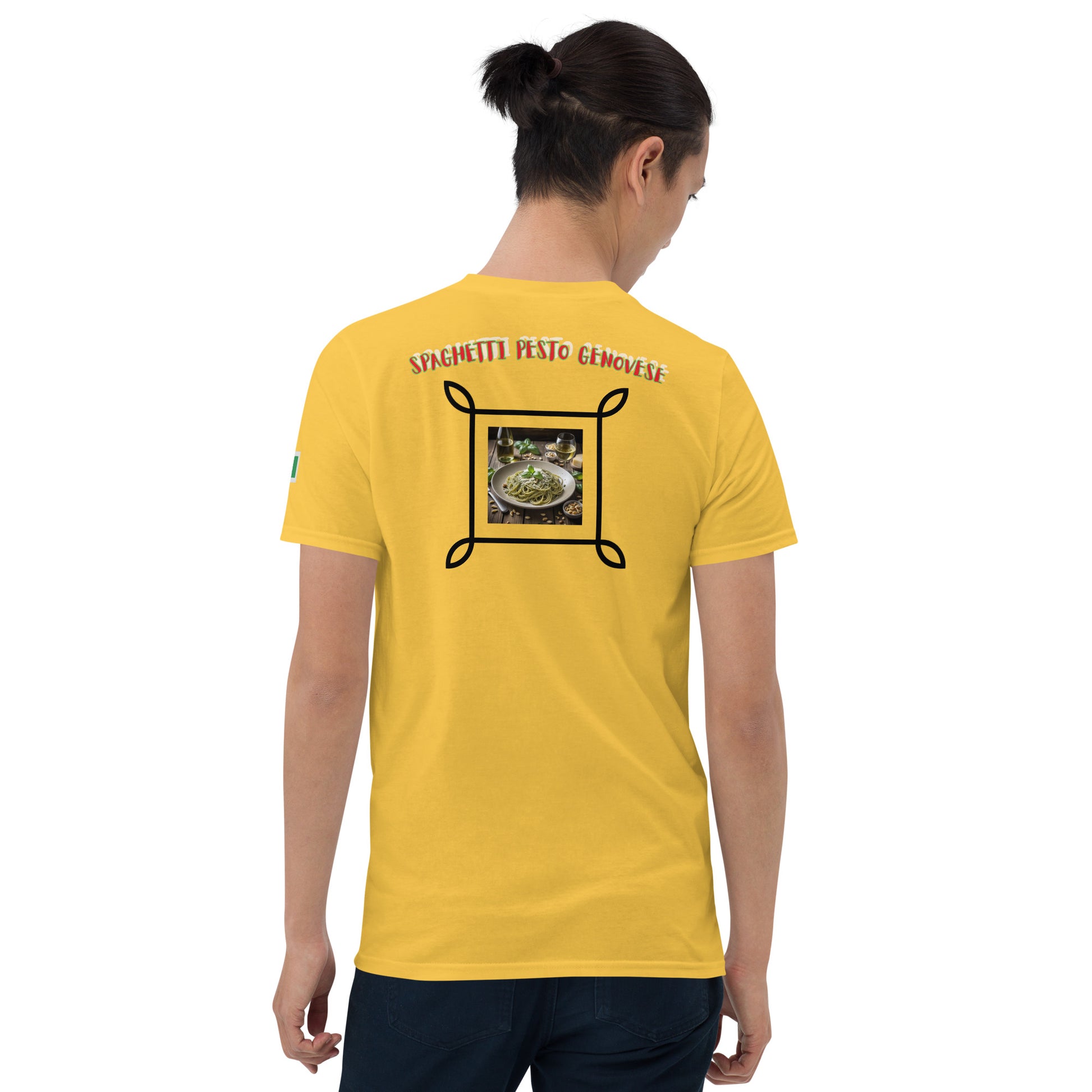 Unisex T-shirt, gelb, großer Rückenprint mit Spaghetti-Pesto-Grafik