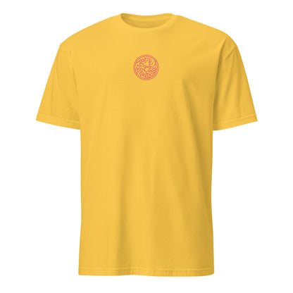 Daisy yellow short-sleeve T-shirt, front small red swirl logo near chest
