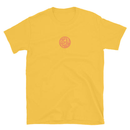 Daisy yellow short-sleeve T-shirt, front small pink brain logo.