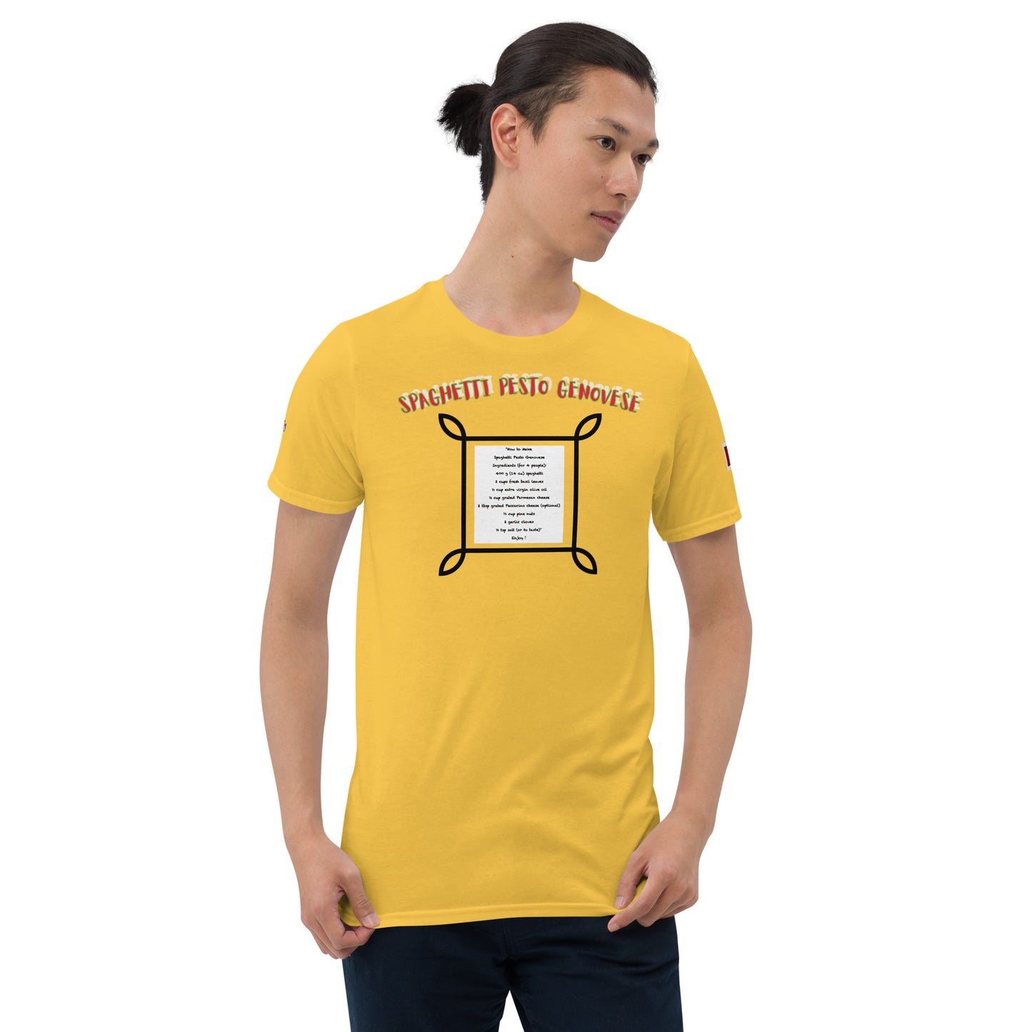 Unisex T-shirt, gelb, Spaghetti-Pesto-Print vorn im schwarzen Rahmen
