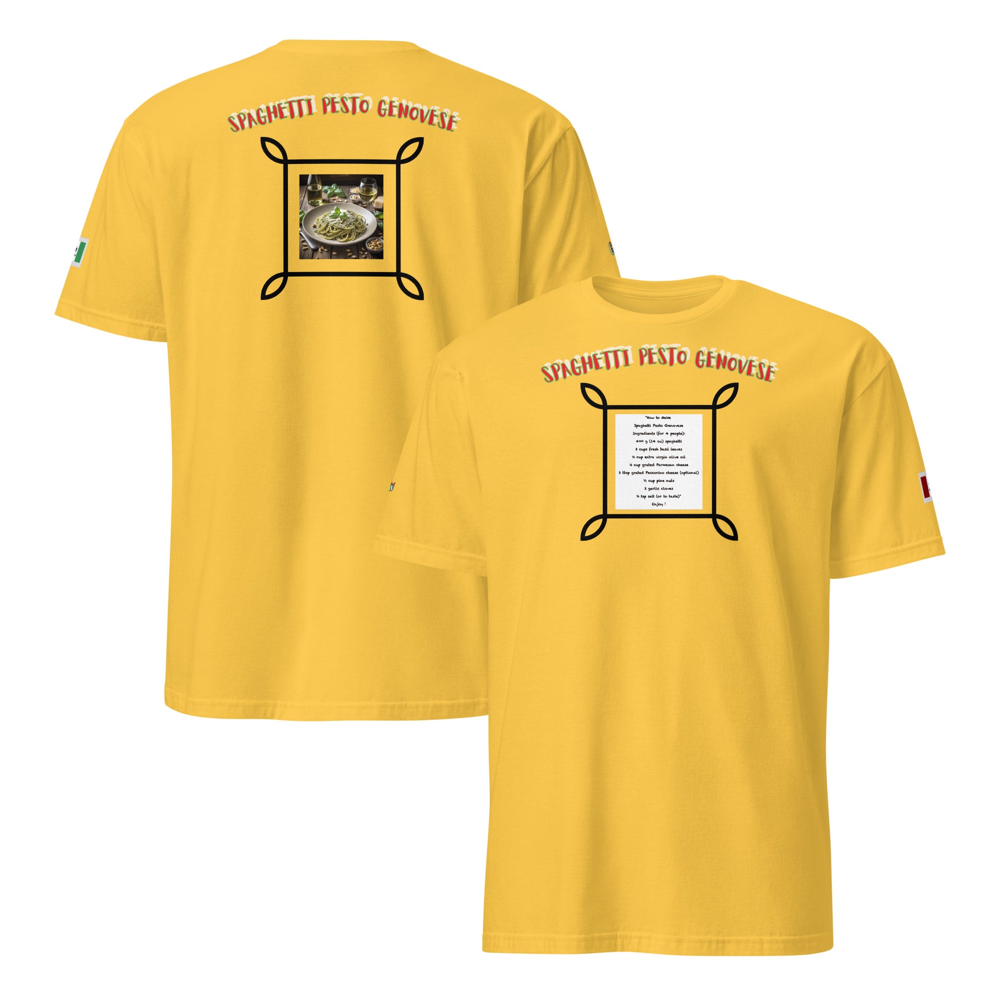 Daisy Yellow unisex T-shirt set: front and back view with spaghetti pesto graphic