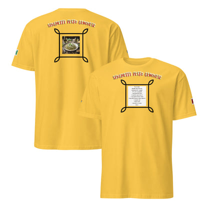 Daisy Yellow unisex T-shirt set: front and back view with spaghetti pesto graphic