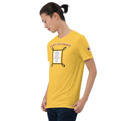 Unisex T-shirt, gelb, schräg von vorn: Spaghetti-Pesto-Print auf der Brust