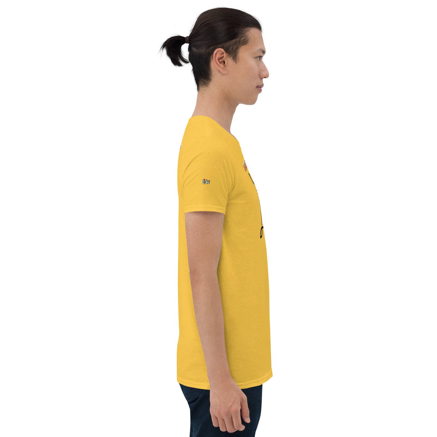 Unisex T-shirt, gelb, seitliche Ansicht mit kleiner Rücken-Logo-Details