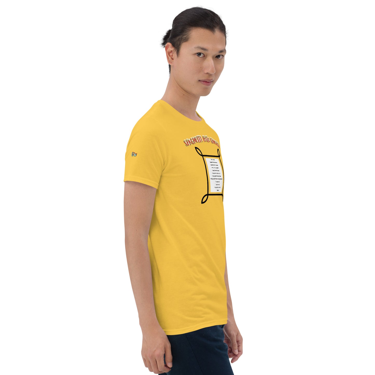Unisex T-shirt, gelb, seitlich: kleiner Rezept-Print an der Brustmitte