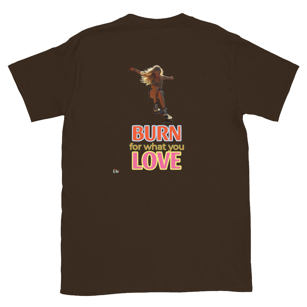 Dark chocolate T-shirt back print: skateboard girl with BURN LOVE lettering