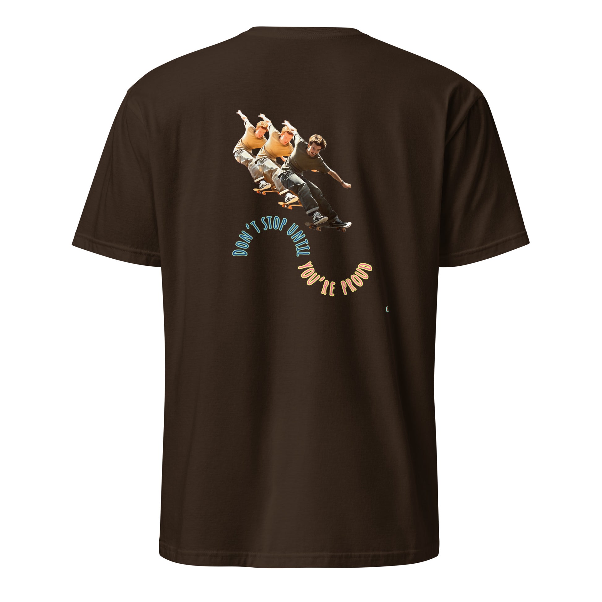 Dark chocolate short-sleeve T-shirt with skateboard boy graphic on back