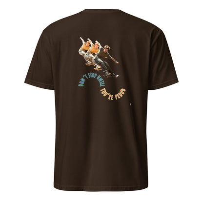 Dark chocolate short-sleeve T-shirt with skateboard boy graphic on back