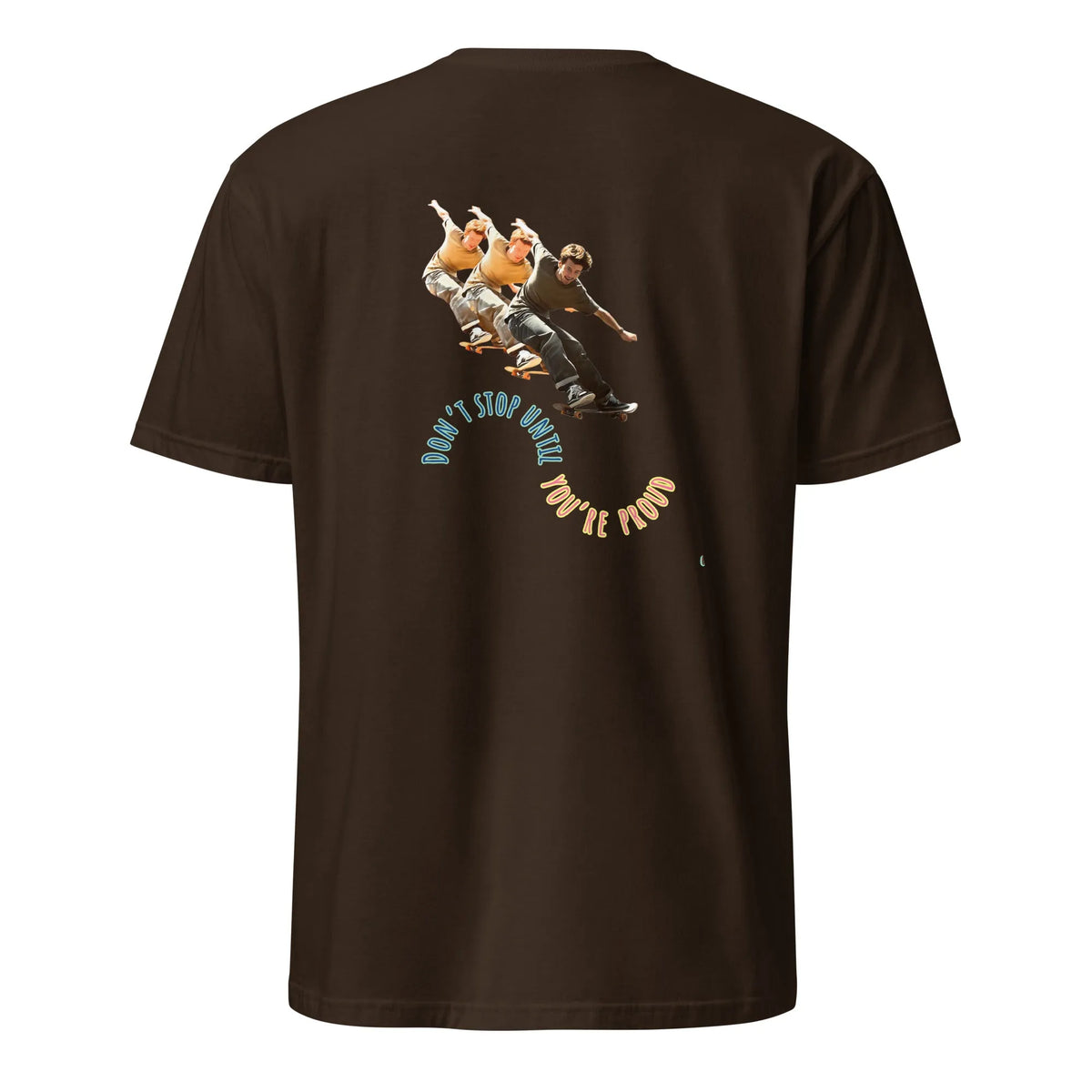 Dark chocolate short-sleeve T-shirt with skateboard boy graphic on back