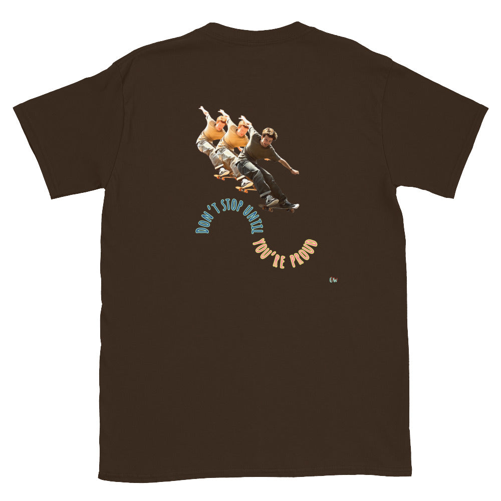 Dark chocolate short-sleeve T-shirt, back graphic with skateboard boys and “DON’T STOP”