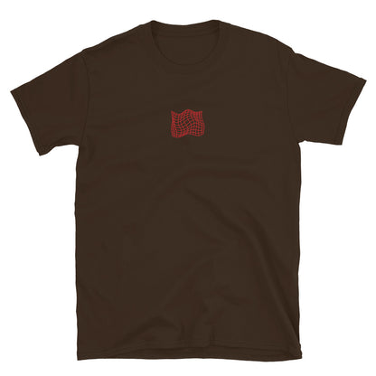 Dark chocolate T-shirt front, small red grid graphic at center chest