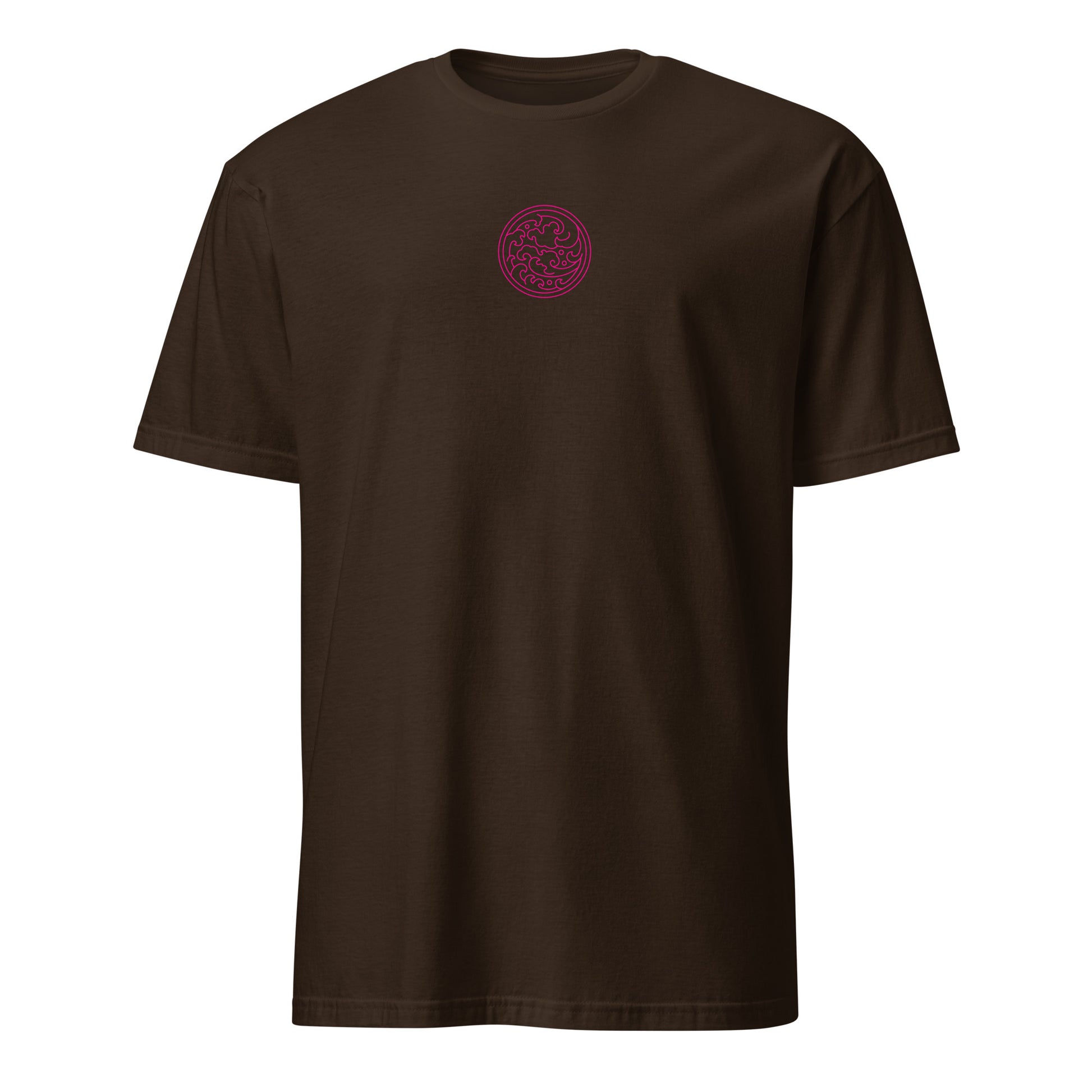 Dark chocolate short-sleeve T-shirt with small circular swirl logo on front