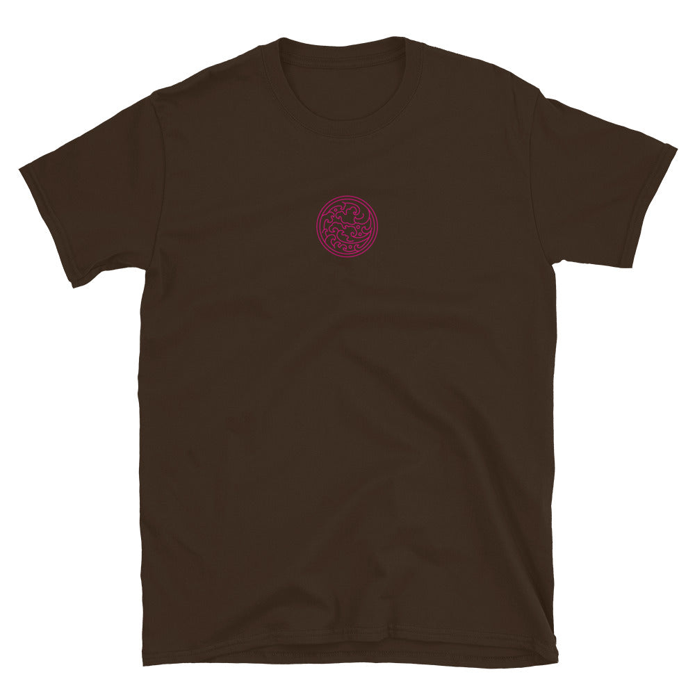 Dark chocolate short-sleeve T-shirt, front small pink swirl logo near chest