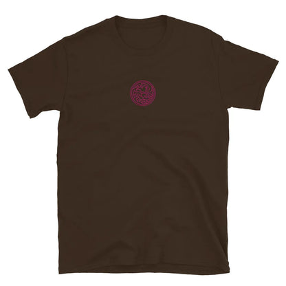 Dark chocolate short-sleeve T-shirt, front small pink swirl logo near chest