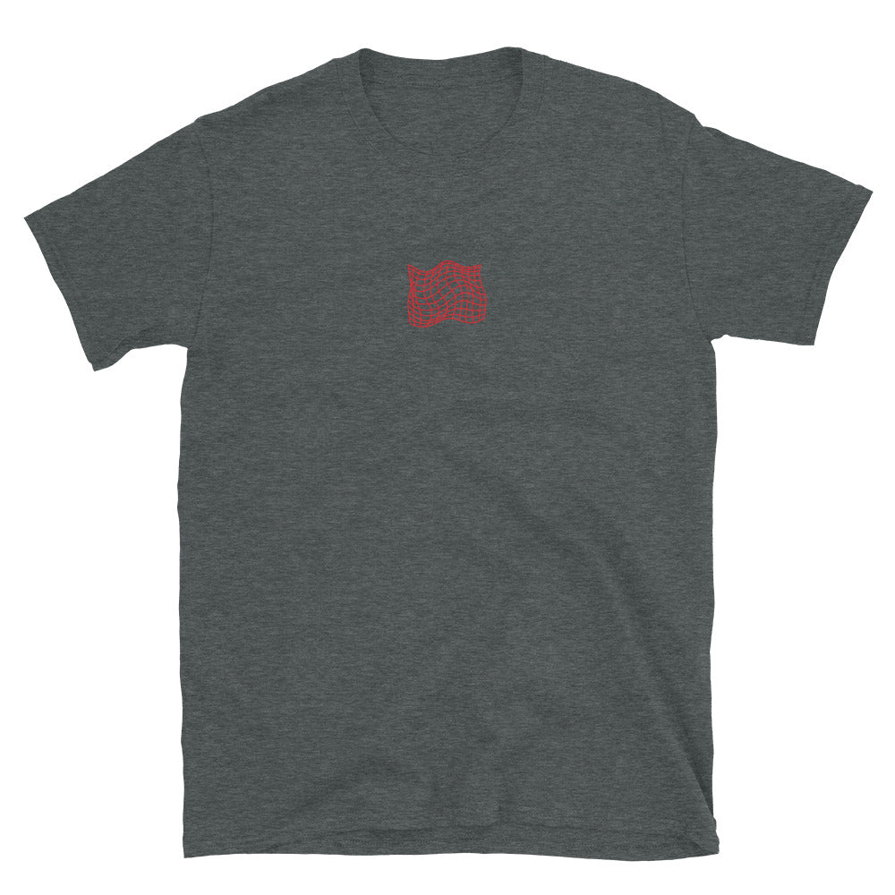Dark heather grey T-shirt front, small red grid graphic on chest