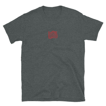 Dark heather grey T-shirt front, small red grid graphic on chest