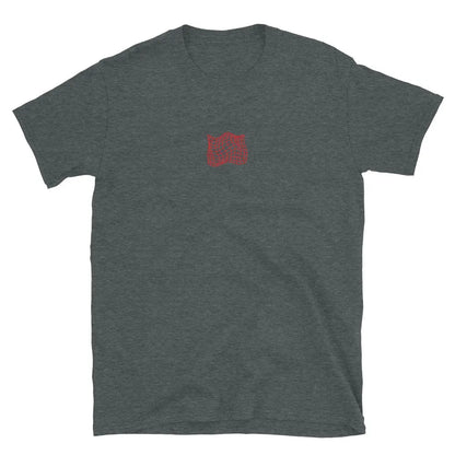 Dark heather grey T-shirt front, small red grid graphic on chest