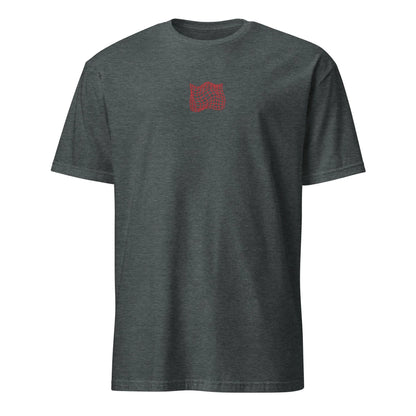 Short-Sleeve T-Shirt, Dark Heather, front: red skateboard girl graphic
