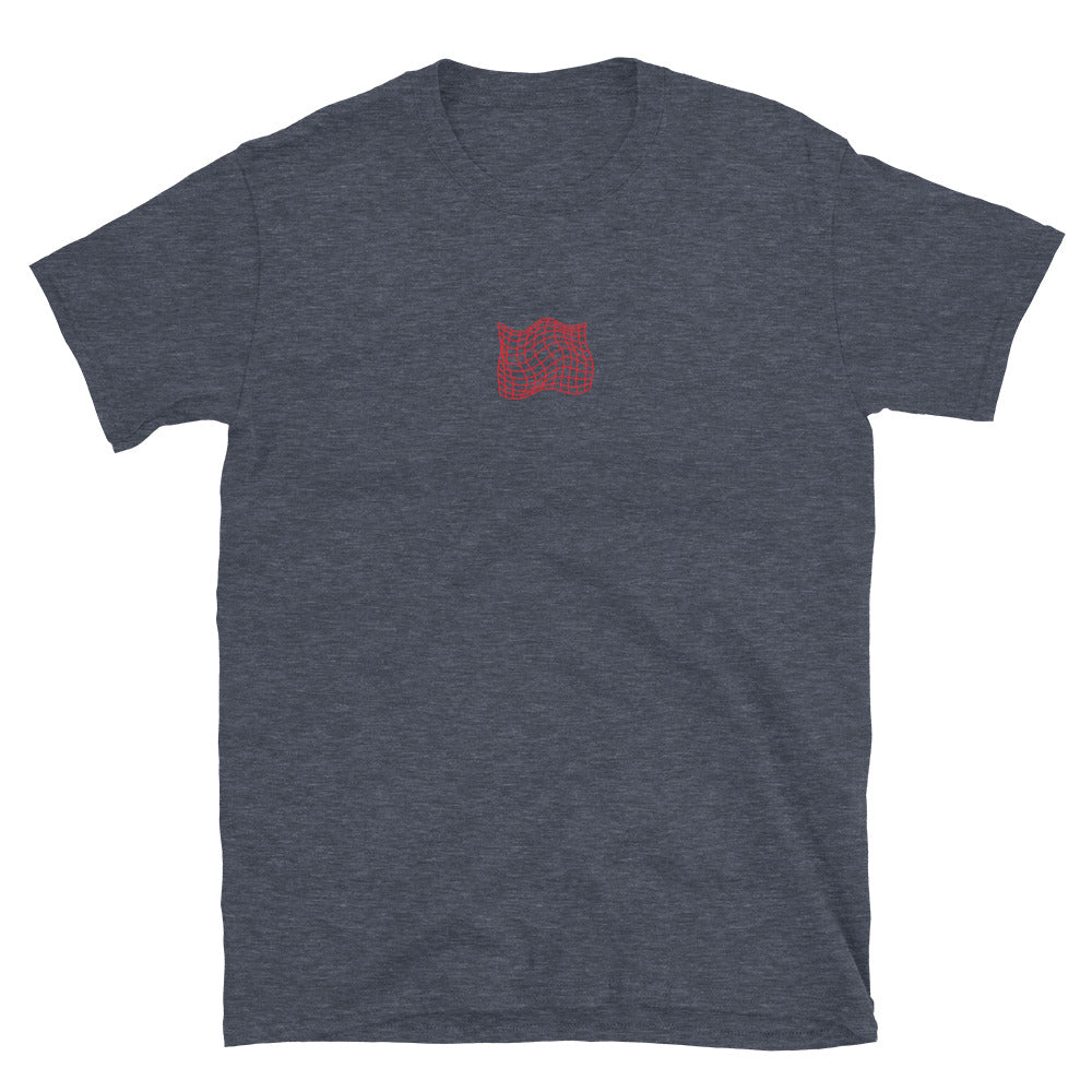 Dark heather grey T-shirt front, red grid icon near the neckline