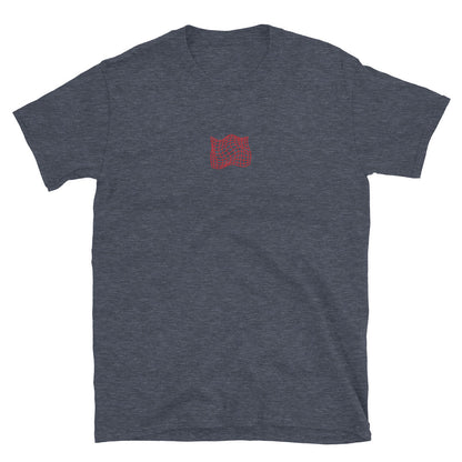 Dark heather grey T-shirt front, red grid icon near the neckline