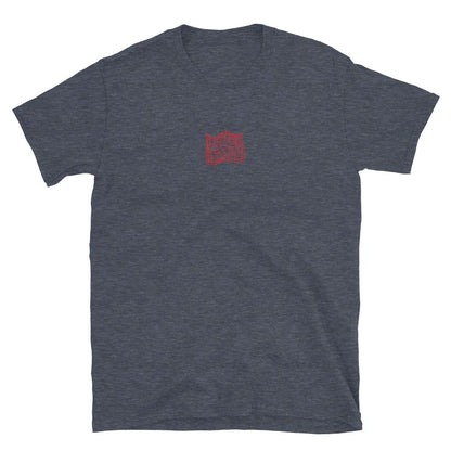Dark heather grey T-shirt front, red grid icon near the neckline