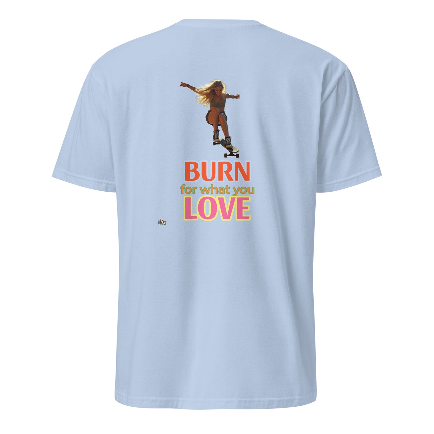 Short-Sleeve T-Shirt, Light Blue, back: skateboard girl “BURN” slogan graphic