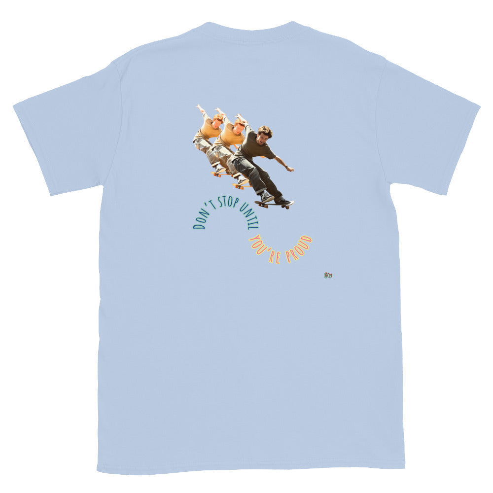 Light blue short-sleeve T-shirt, back skateboard boy graphic with circular slogan.