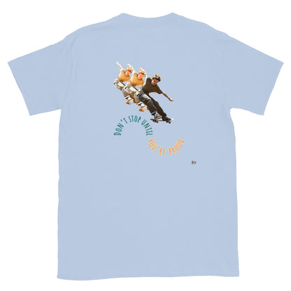 Light blue short-sleeve T-shirt, back skateboard boy graphic with circular slogan.