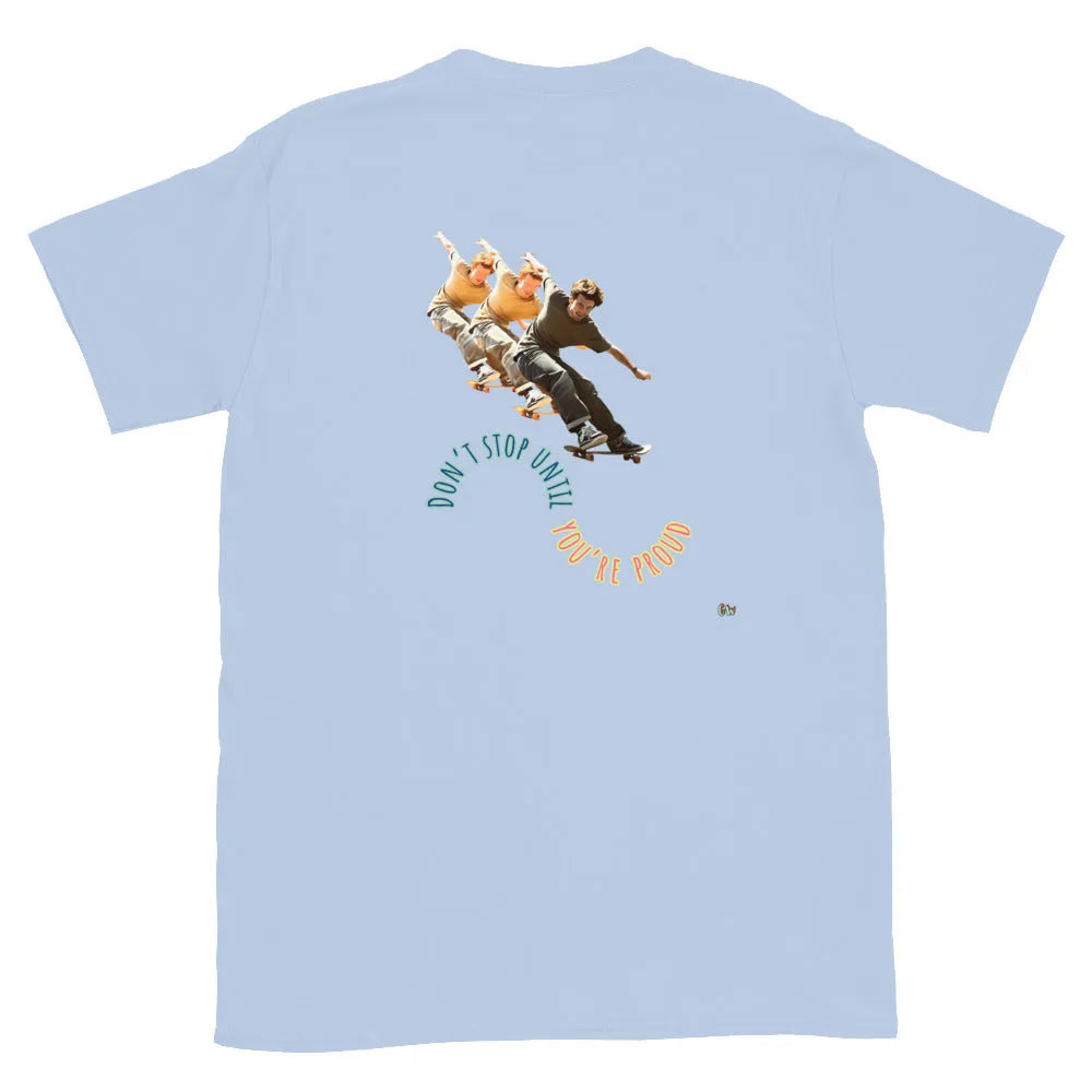 Light blue short-sleeve T-shirt, back skateboard boy graphic with circular slogan.