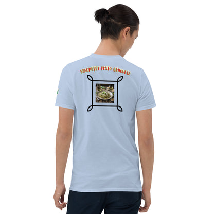 Unisex T-shirt, hellblau, Rückenprint mit Spaghetti-Pesto-Grafik im Rahmen