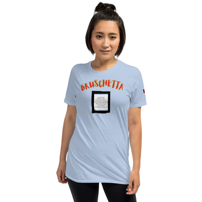 Light blue unisex T-shirt with “BRUSCHETTA” graphic and recipe square print on chest