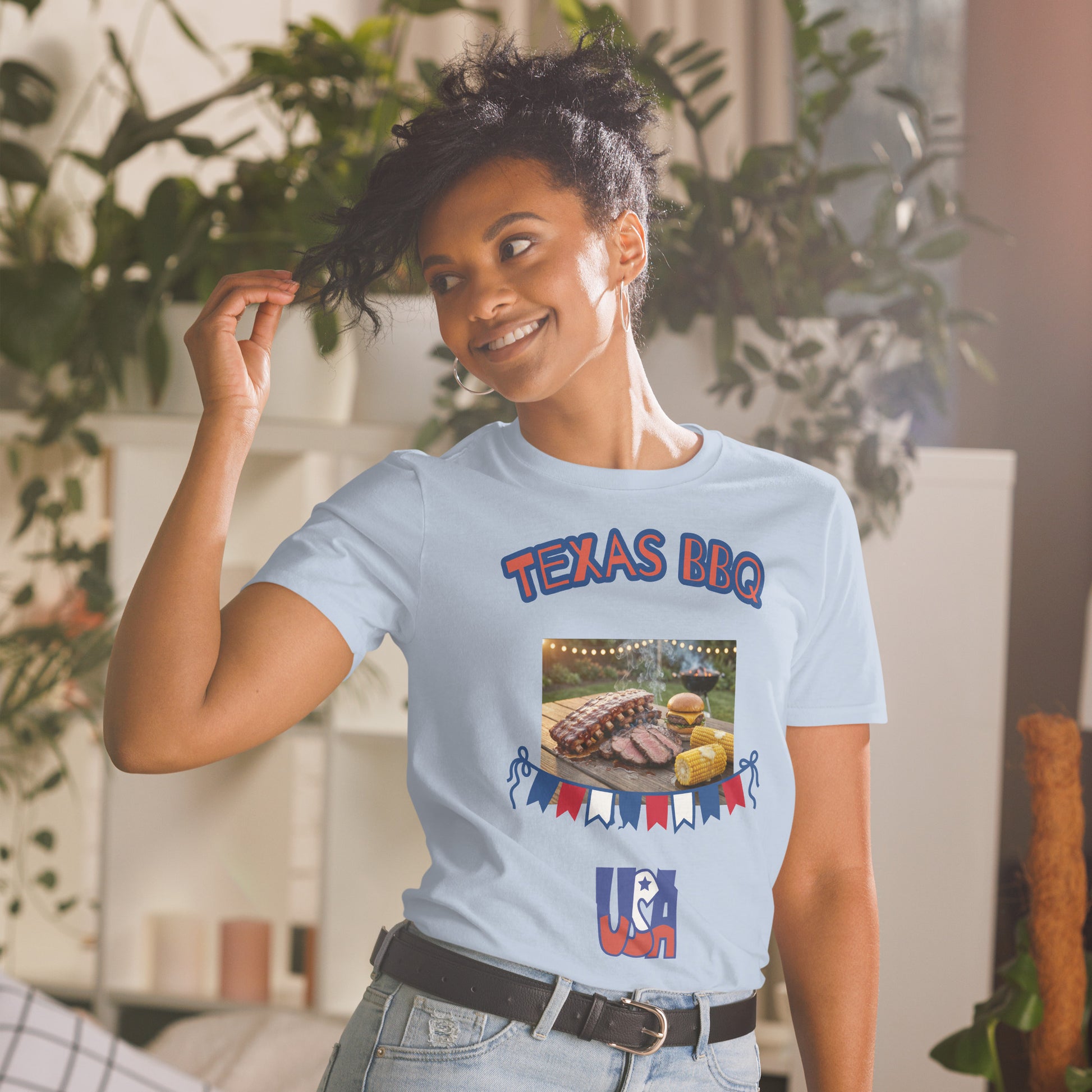 Unisex T-shirt, light blue; “TEXAS BBQ” chest print with BBQ platter photo graphic.