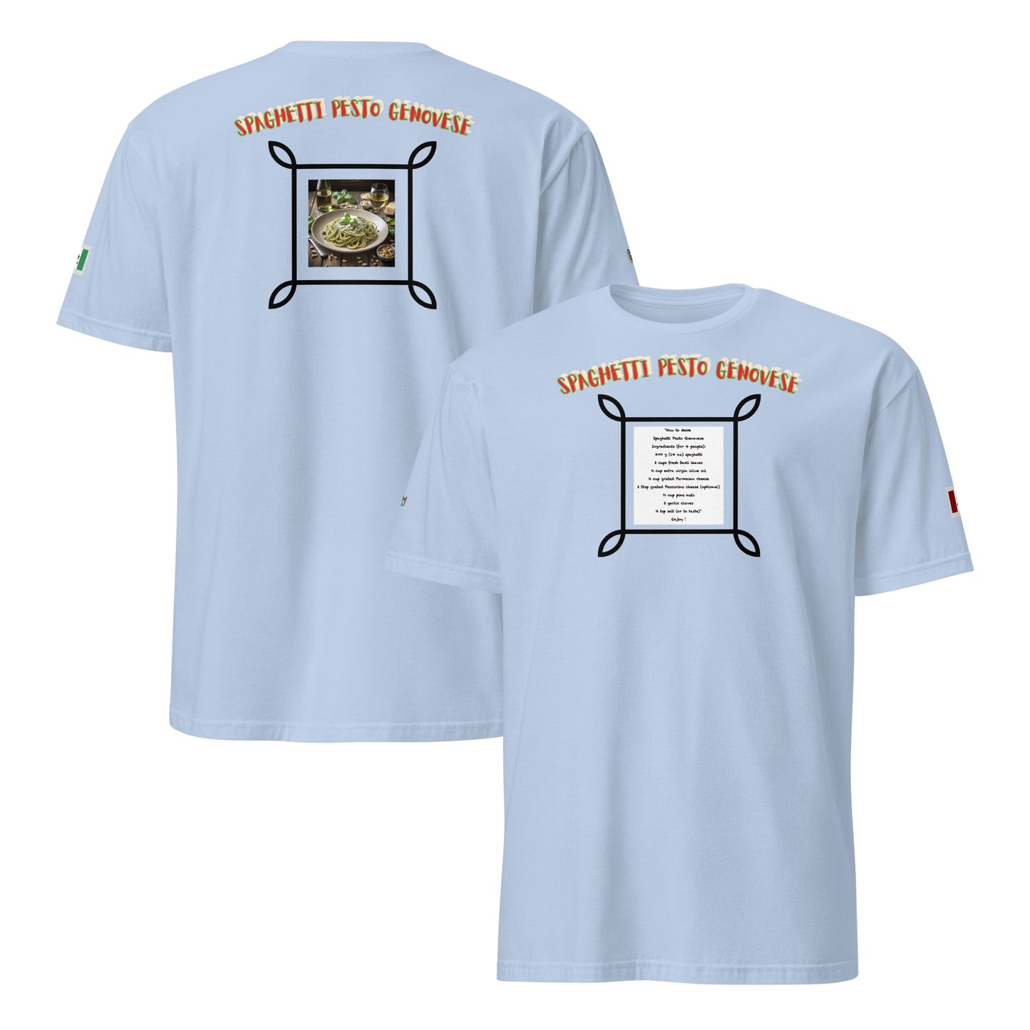 Light Blue unisex T-shirt set: front and back with spaghetti pesto graphic print