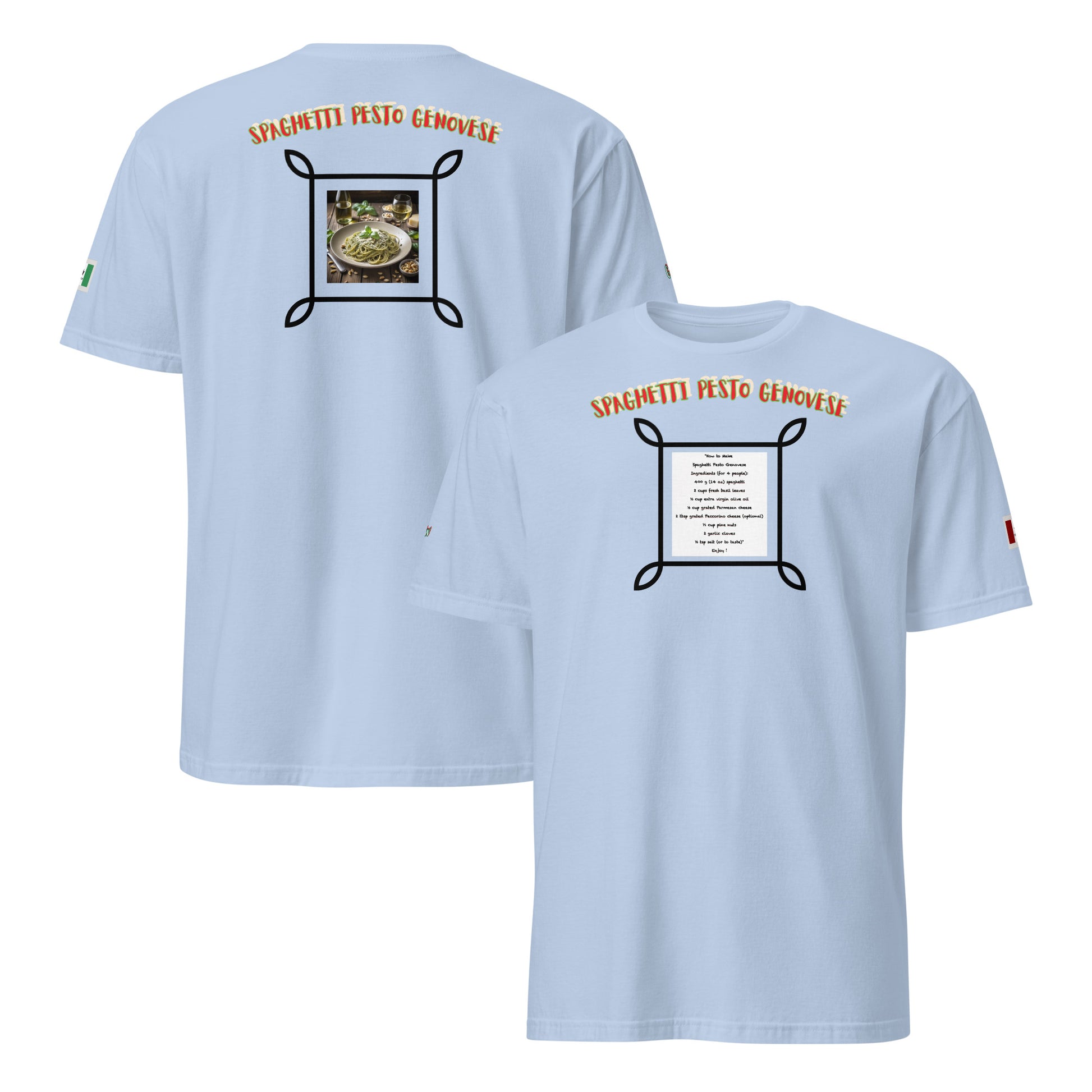 Light Blue unisex T-shirt set: front and back with spaghetti pesto graphic print