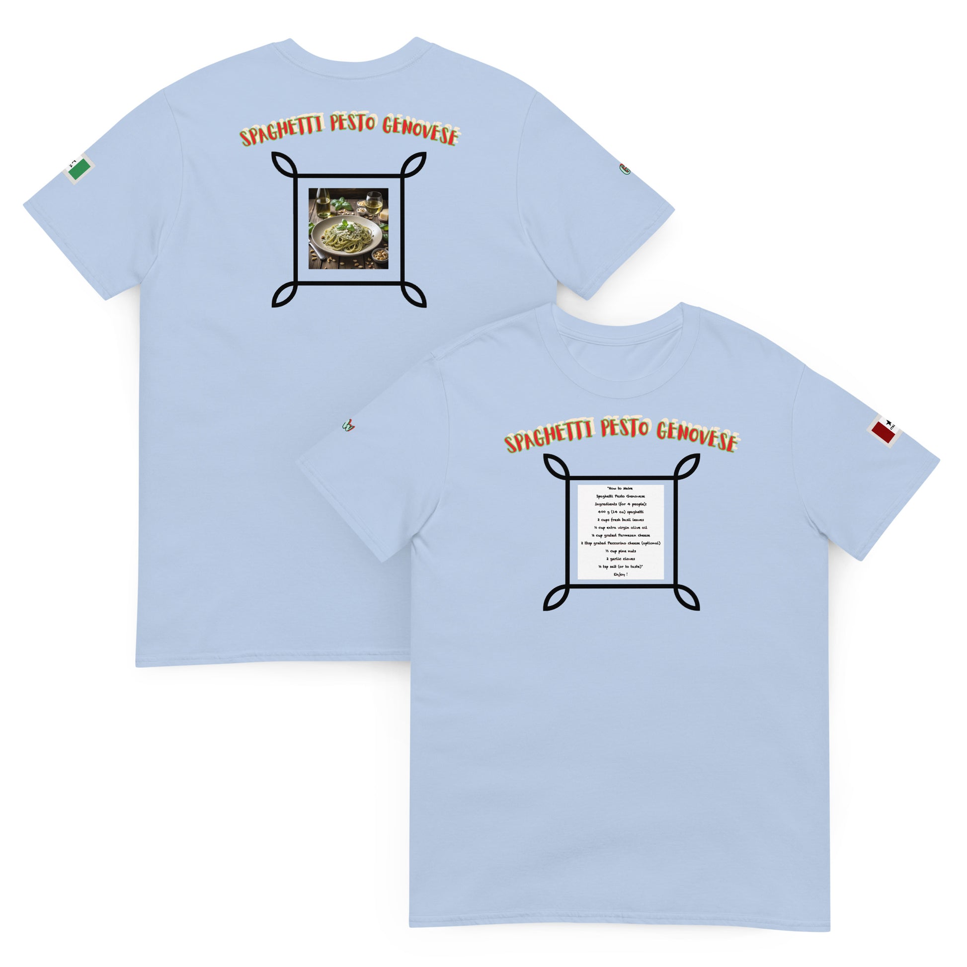 Hellblaues Unisex-T-Shirt mit Spaghetti-Pesto-Genovese-Print auf Vorder- und Rückseite