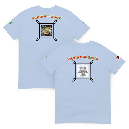 Hellblaues Unisex-T-Shirt mit Spaghetti-Pesto-Genovese-Print auf Vorder- und Rückseite