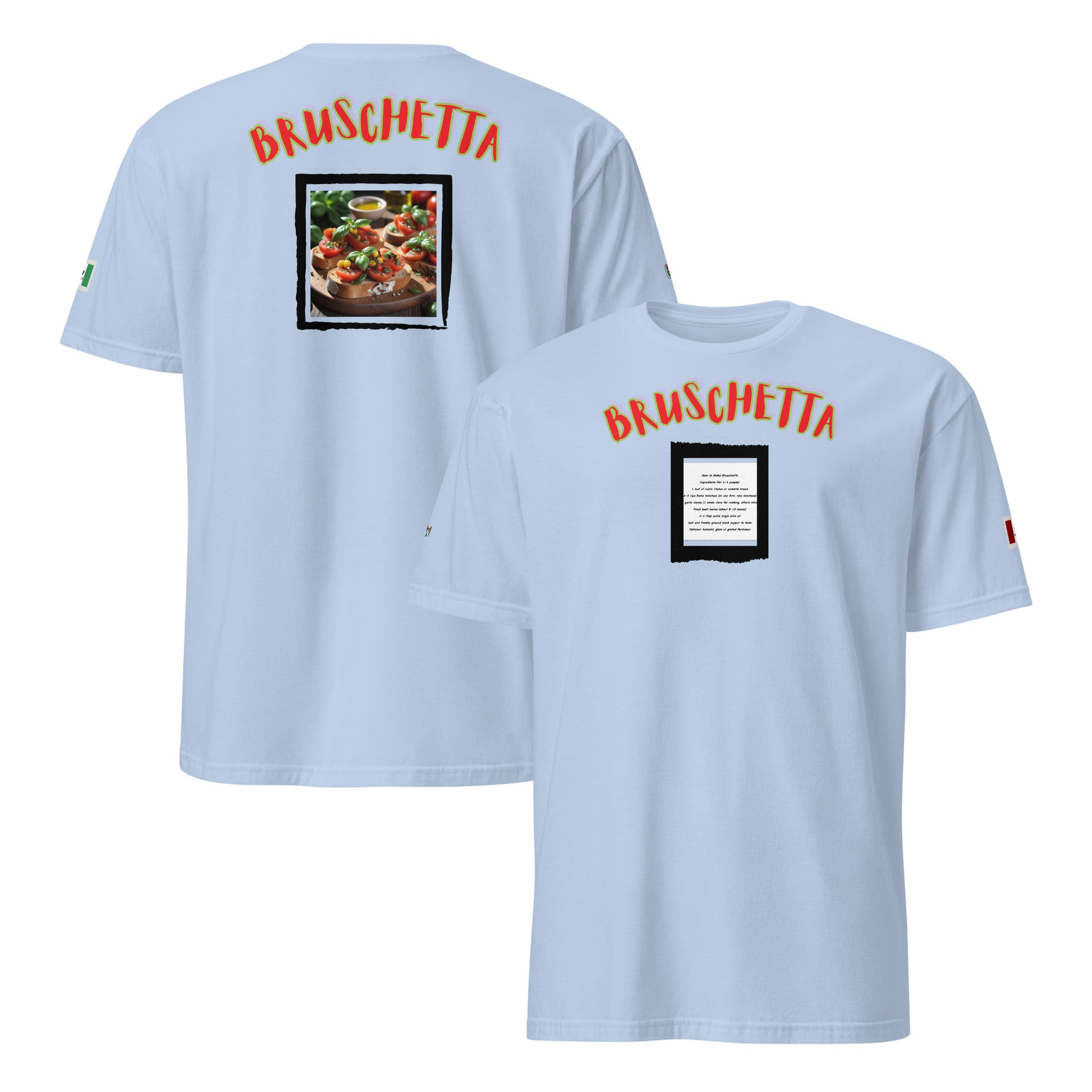 Light blue unisex T-shirt set: back and front “BRUSCHETTA” with recipe square print