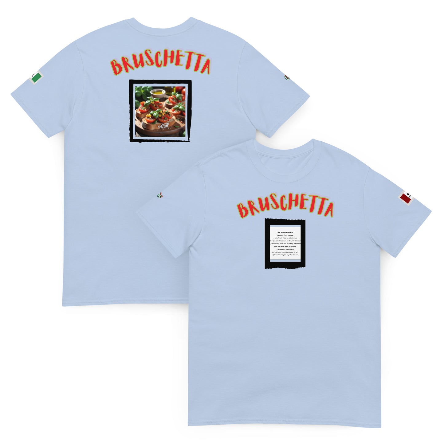 Light blue unisex T-shirt set: front and back “BRUSCHETTA” logo with recipe image