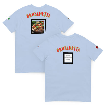 Light blue unisex T-shirt set: front and back “BRUSCHETTA” logo with recipe image