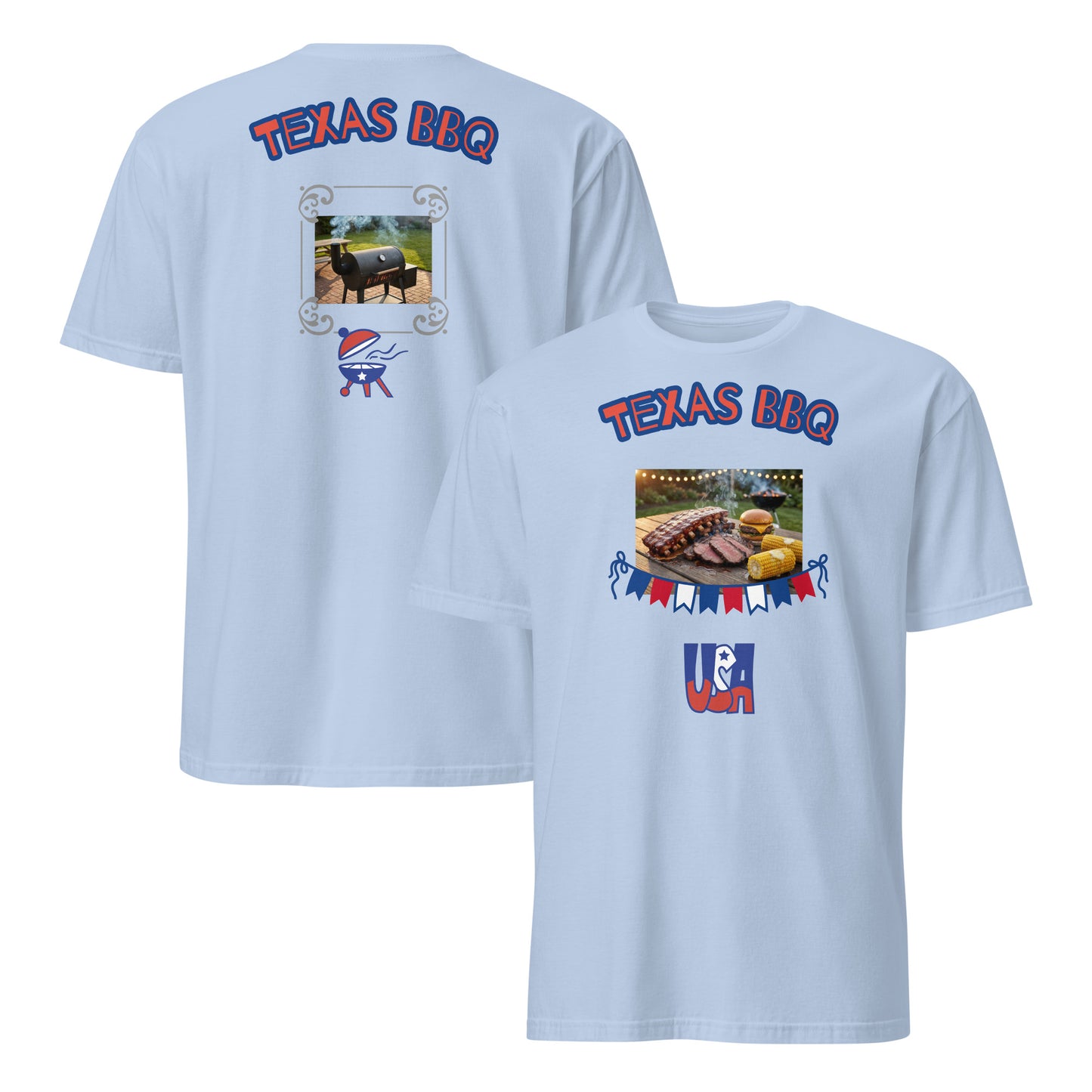 Unisex T-shirt (Light Blue) with “Texas BBQ” graphic on front