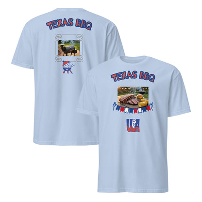 Unisex T-shirt (Light Blue) with “Texas BBQ” graphic on front